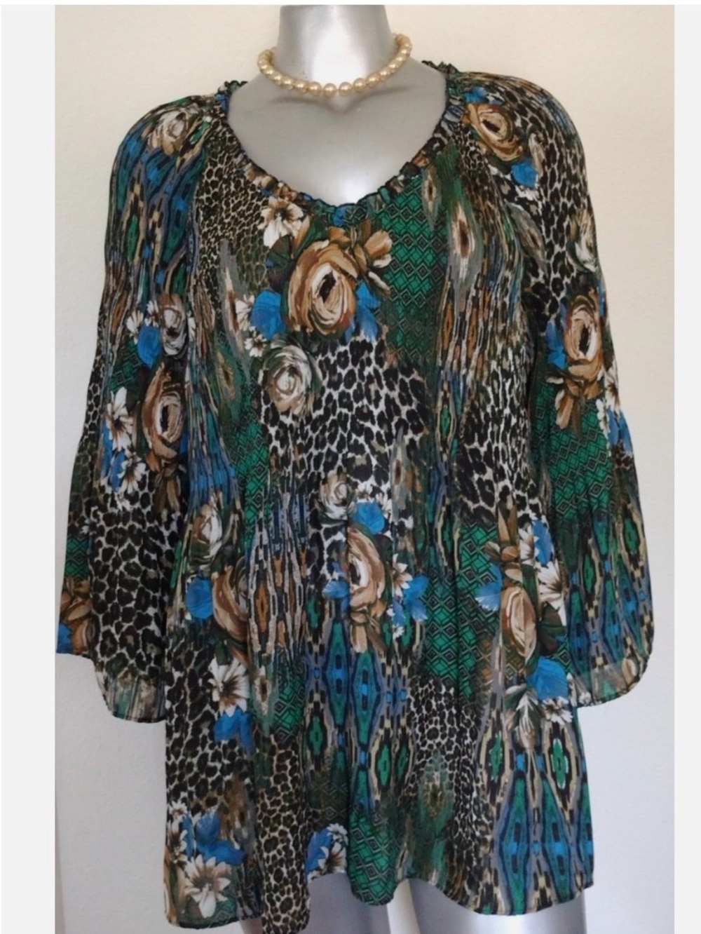 Boho Floral & Animal Print Green Blue Peasant Tunic Top